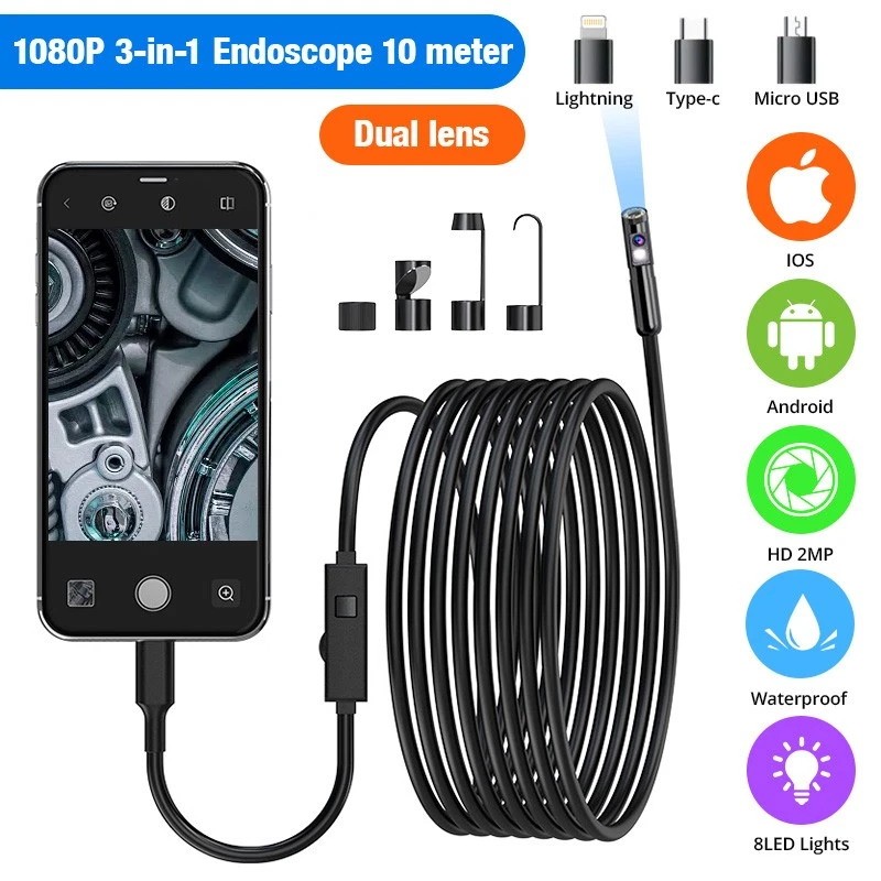 1920P HD Endoscope Borescope 8mm Inspection Snake Camera for iPhone Android iOS