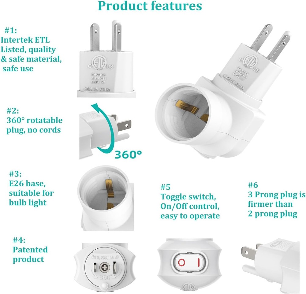2-Pack Plug in Light Socket Adapter, 360° Rotatable with On/Off Switch