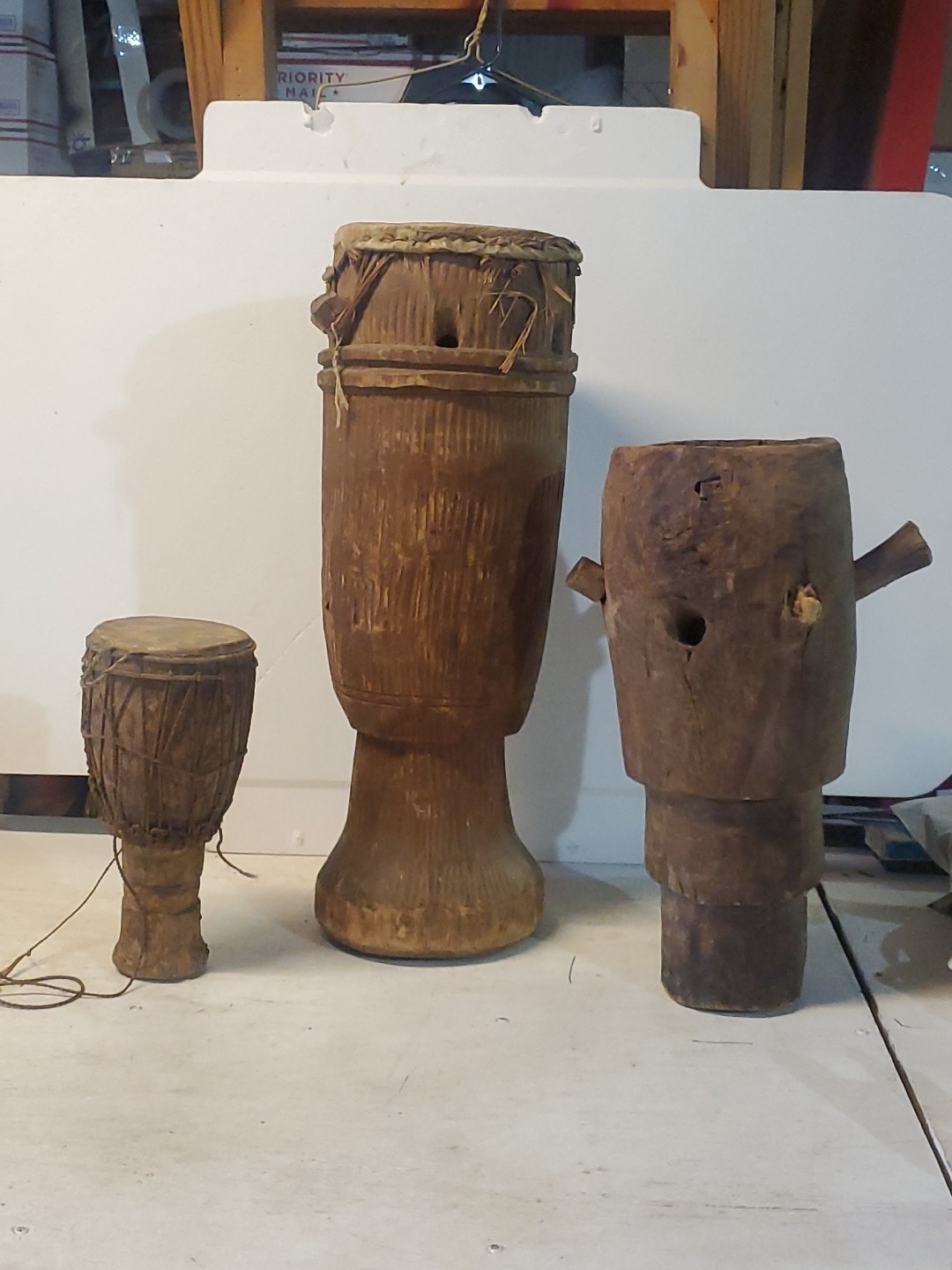 3 Antique Museum Deaquisition Authentic West African Drums