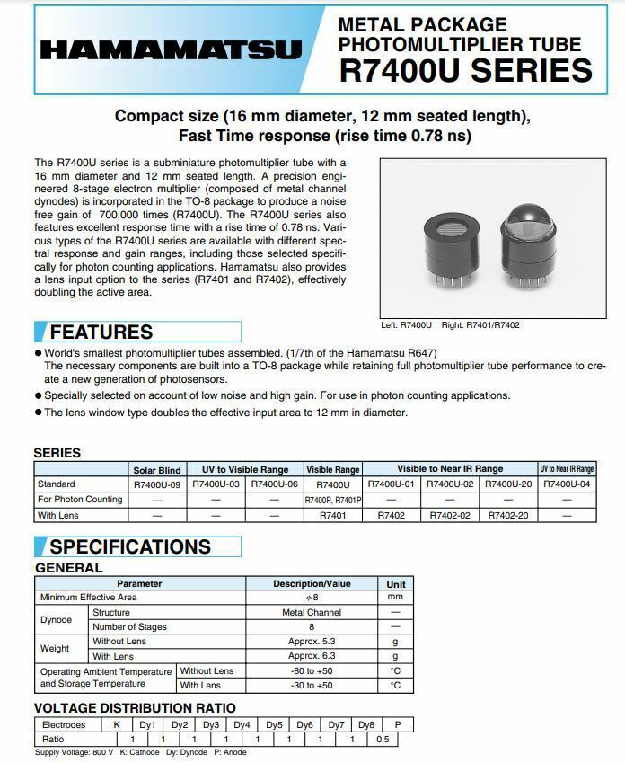 Hamamatsu R7400U PMT Scintillation Tube w/ CsI(TI) Crystal Gamma Detector