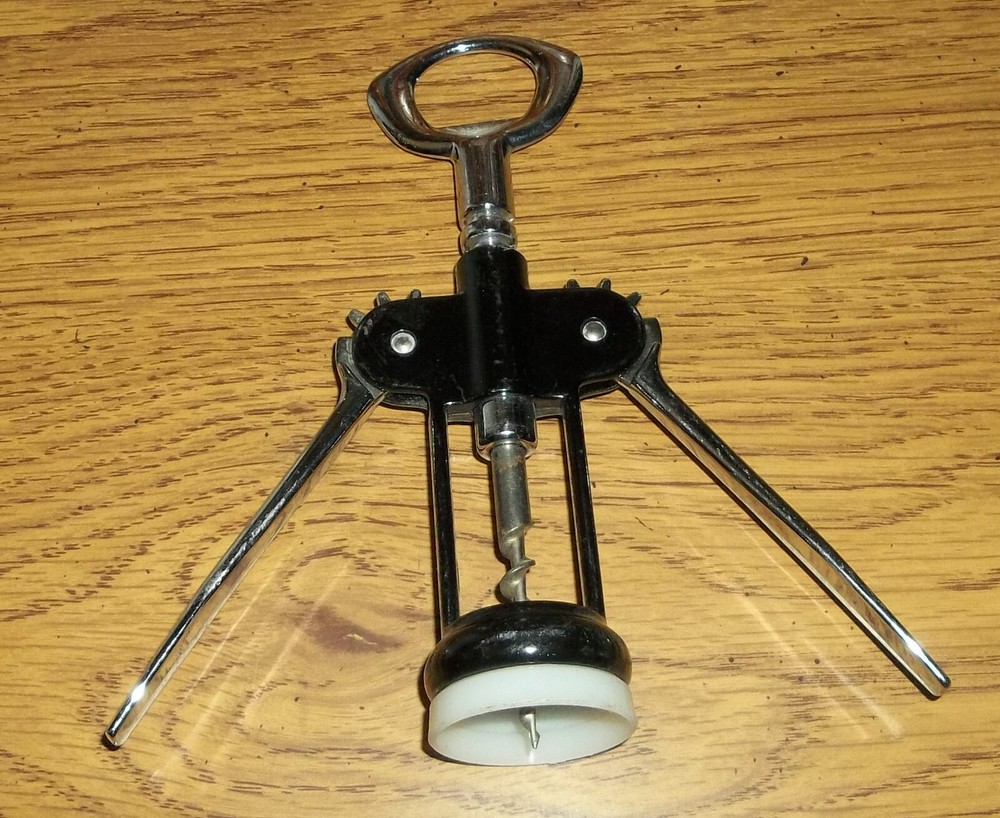 CHROME & BLACK WINGED CORKSCREW BOTTLE OPENER - MINT