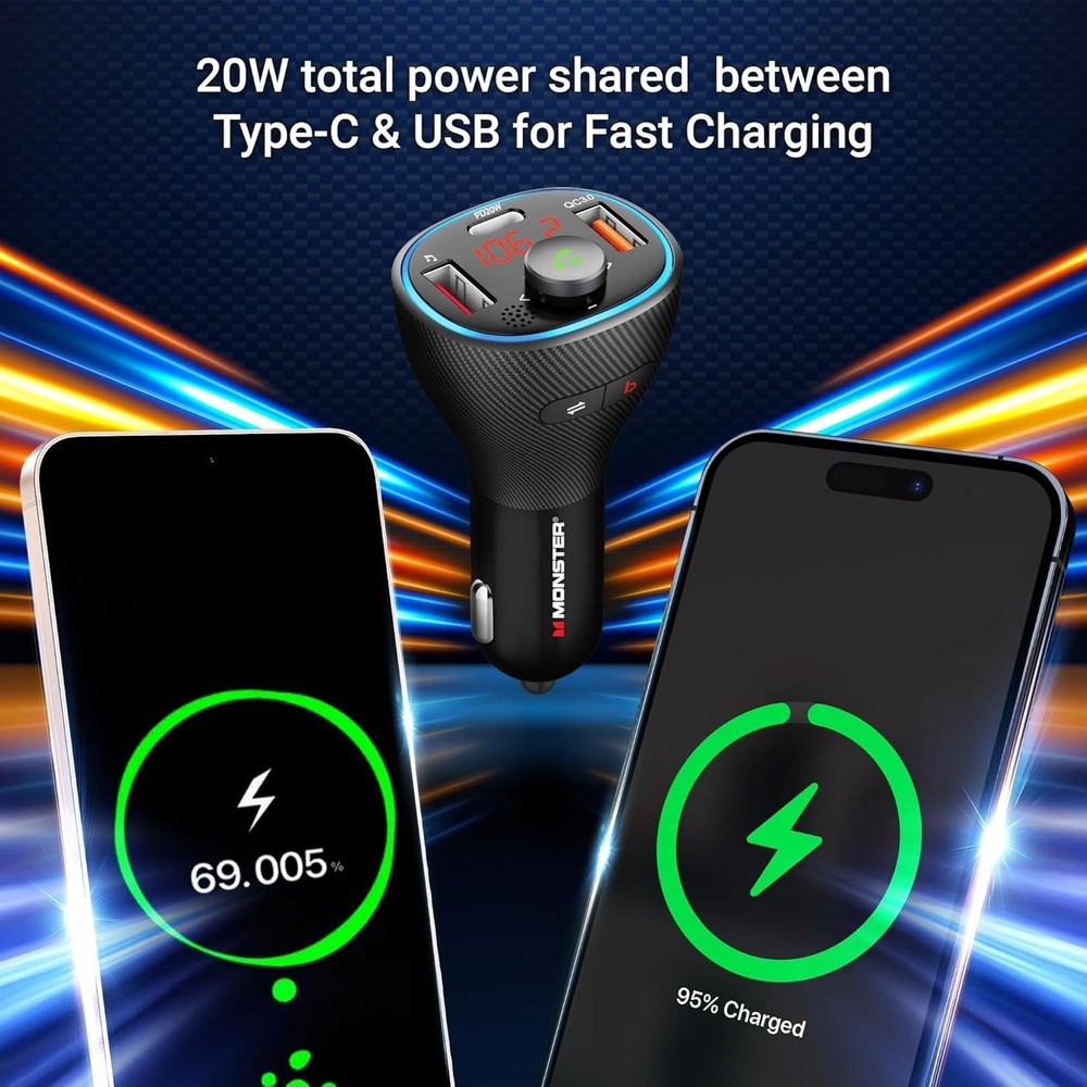 Monster Bluetooth FM Transmitter for Car Cigarette Lighter with 20W QC3.0 USB...