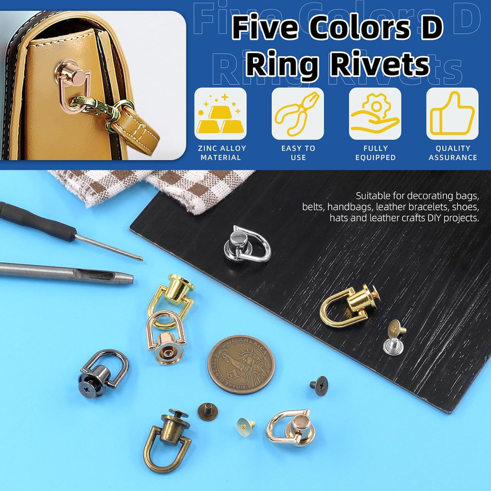 41Pcs D Ring Rivets Kit Bronze Ball Post Head Buttons Metal D Ring Stud Rivets R