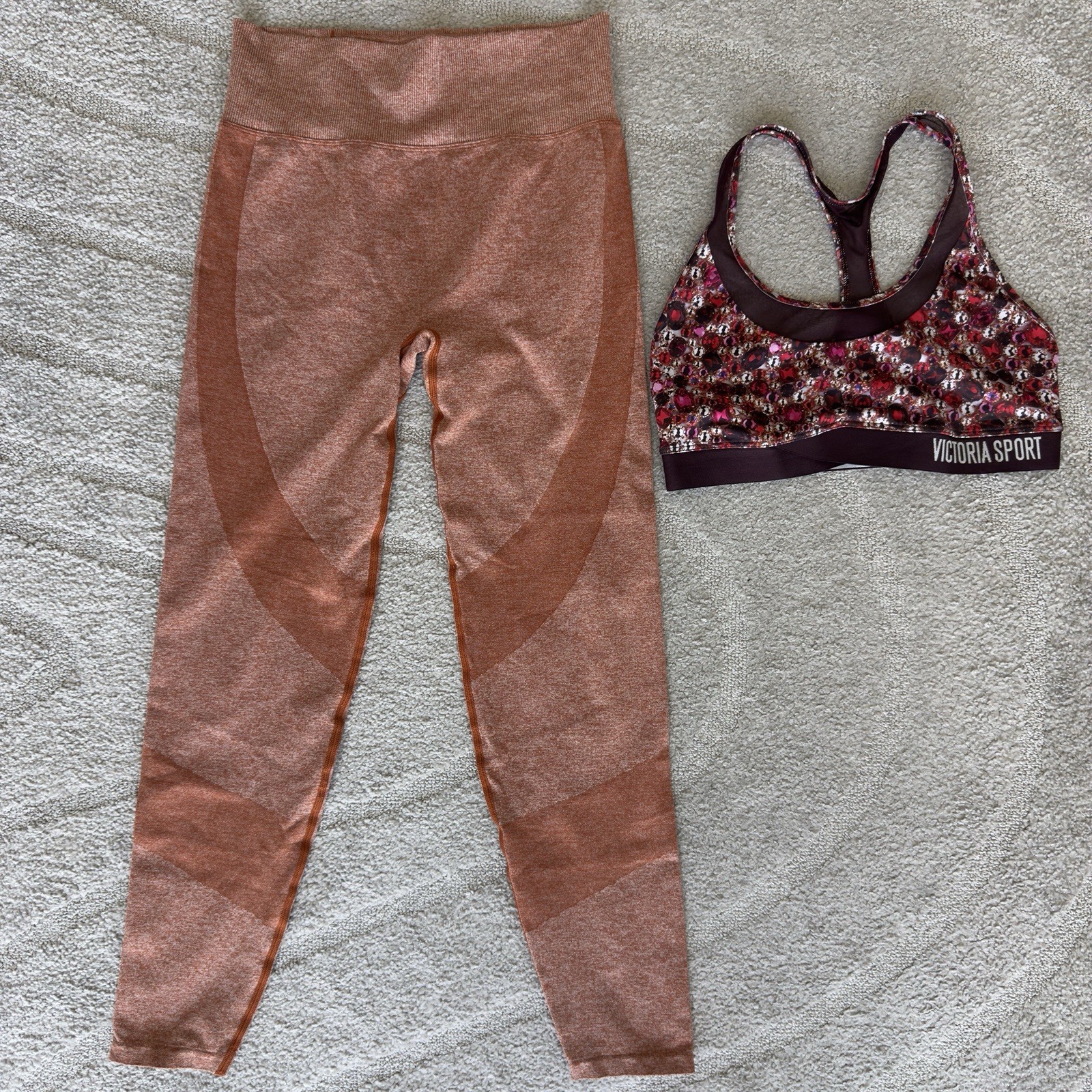 Victoria’s Secret Pink Orange Seamless Tight Active Leggings Size Medium And Top