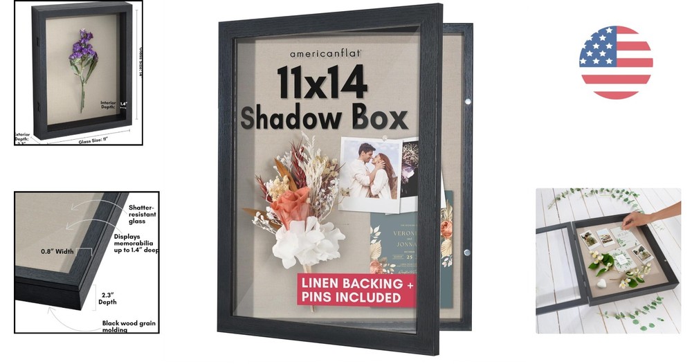 Stylish 11x14 Shadow Box Display Case with Front Opening & Secure Closure, Black