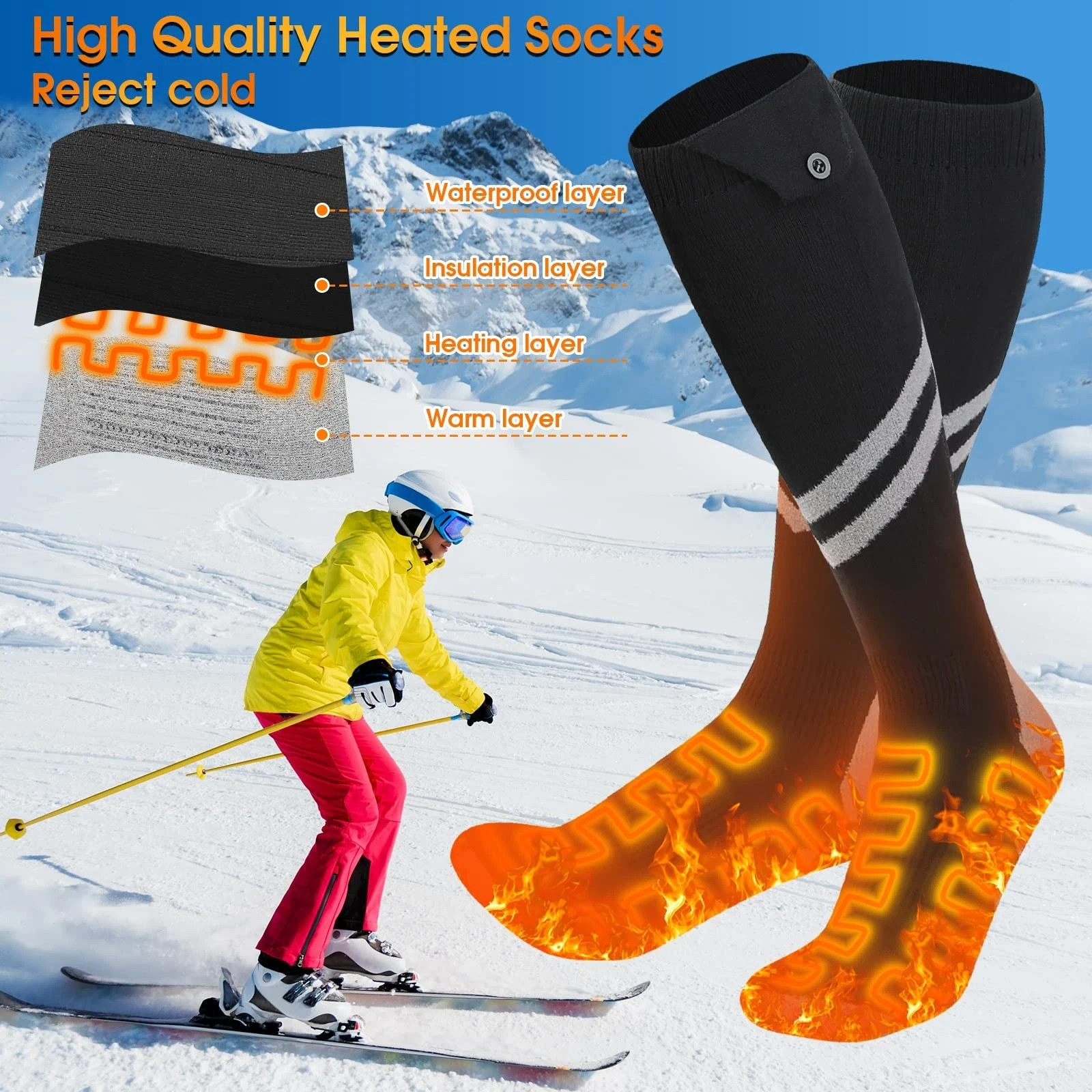 6000mAh Electric Heated Socks Foot Winter Warm Hunting Sock Rechargeable Black L