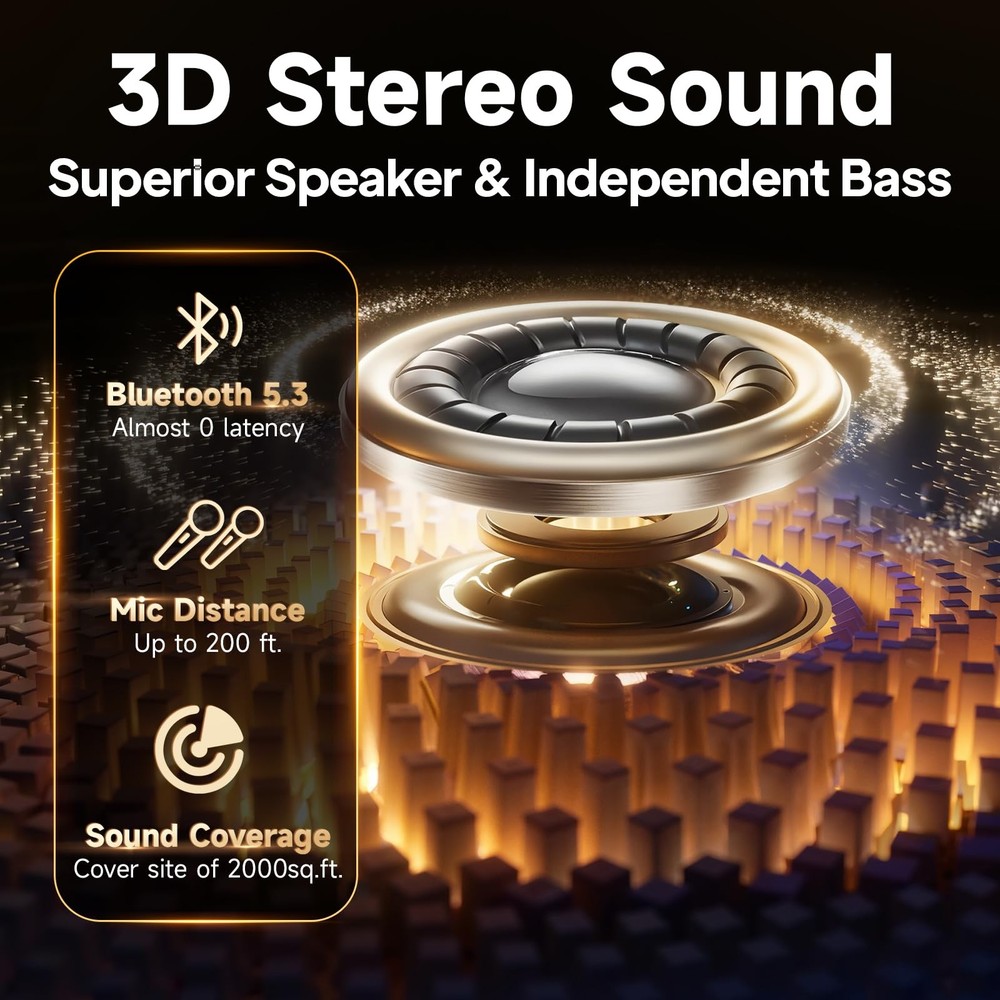 Karaoke Machine, Portable Bluetooth 5.3 Speaker with 2 Wireless 0 Delay Micro...