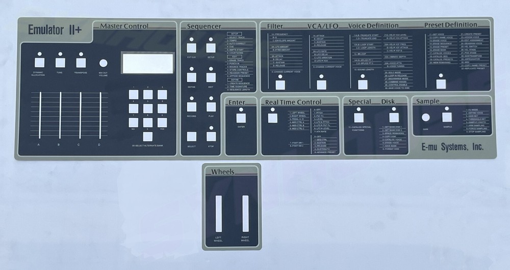 WORLD'S FIRST: Full Set E-mu Emulator II+ Main Control Panel Overlays MINT+ NEW!