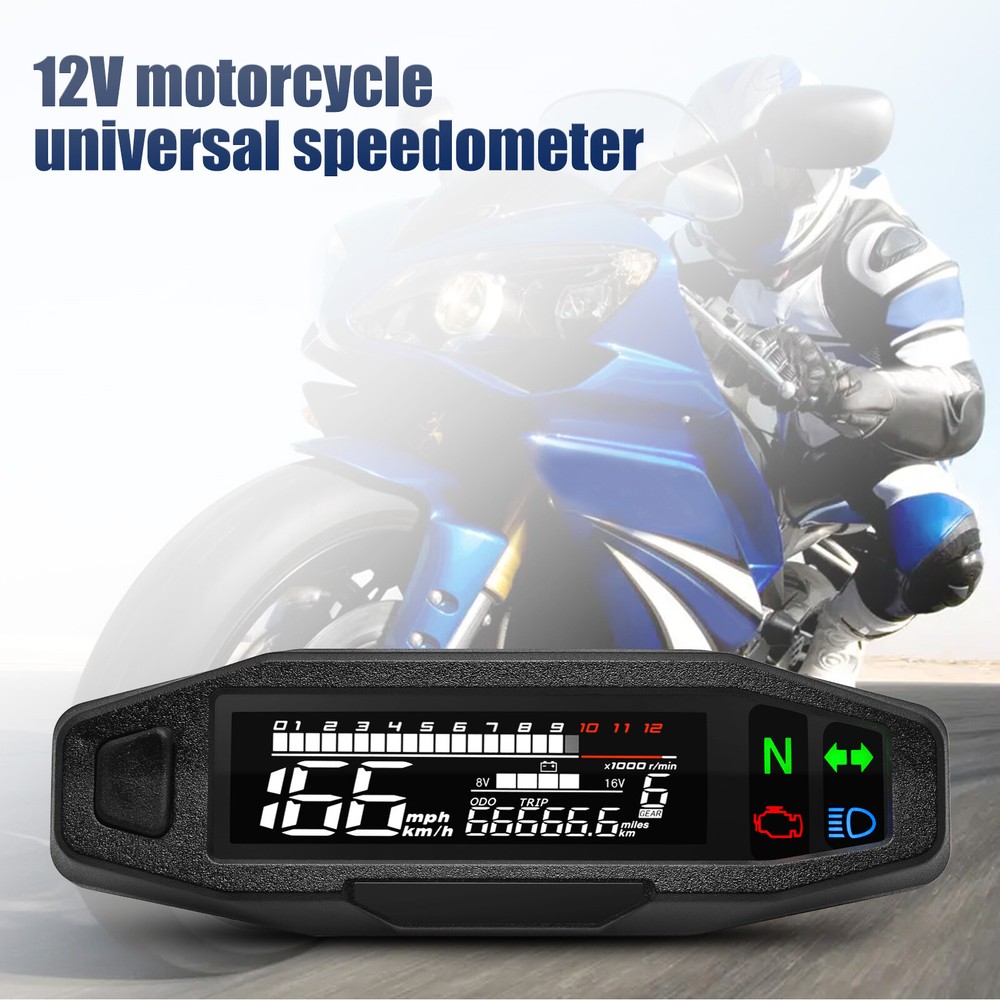LCD Digital Motorcycle Speedometer Odemeter Tachometer Gear Indicator w/ Bracket