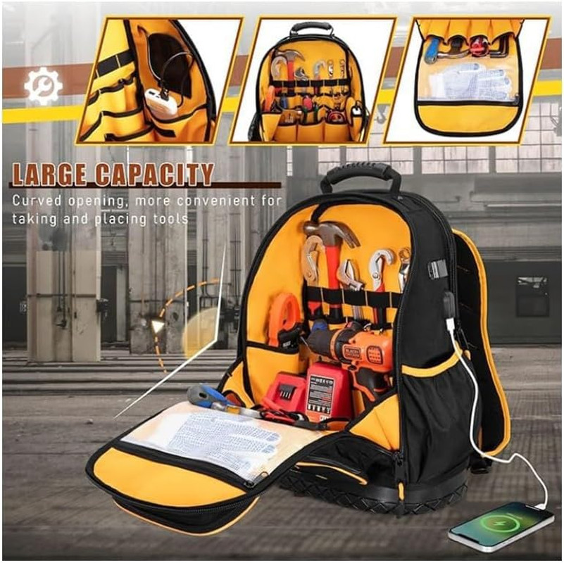 Rugged yet Comfortable Tool Backpack with Hard Molded Bottom and Tool Pouch, Hea