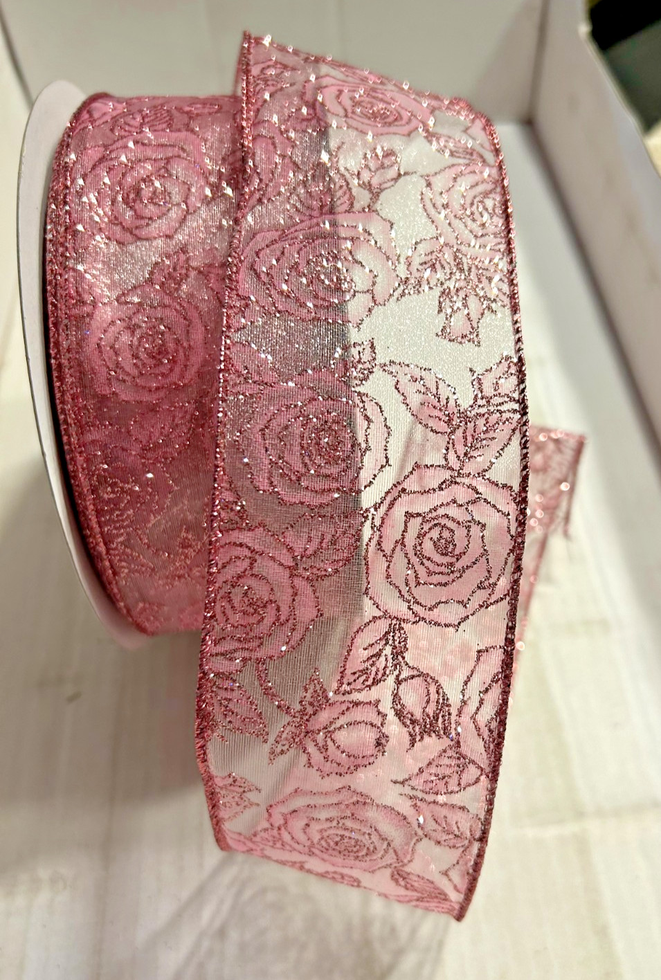 Pink Glitter Roses Sheer Ribbon 2.5" Wired Edge 10 Yards-Valentine or Wedding