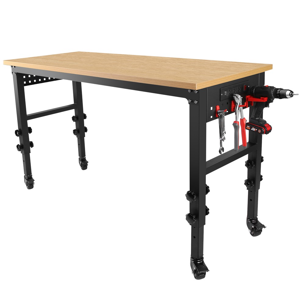 60" ×24'' Adjustable Workbench Rolling Worktable with Power Outlet and Wheels