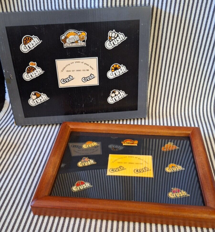 NIB VTG FRAMED ORANGE CRUSH 7 LAPEL PIN SET 1916-1986 70 YEARS SOFT DRINKS SODAS
