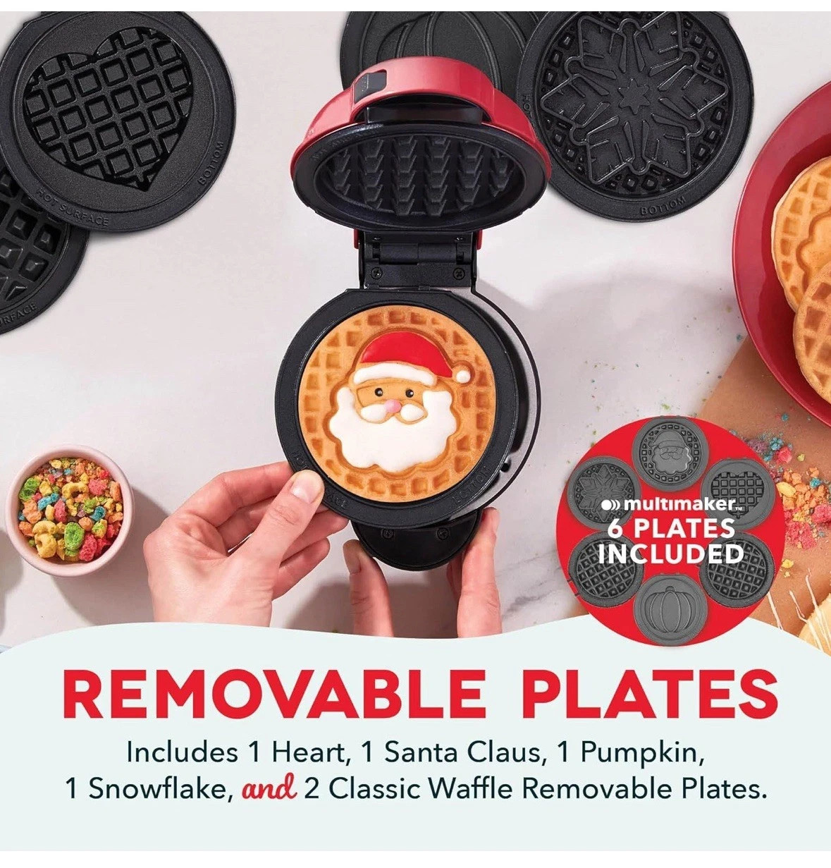 Dash Holiday 4 in 1 Mini Waffle Maker 6 Plates Santa Snowflake New in Box