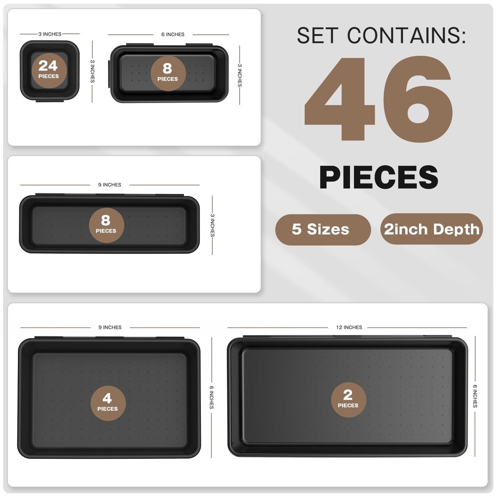 【𝟰𝟲𝗣𝗖𝗦】【5 Size】 Tool Box Organizer Tray Divider Set 【Black】 Desk Drawer