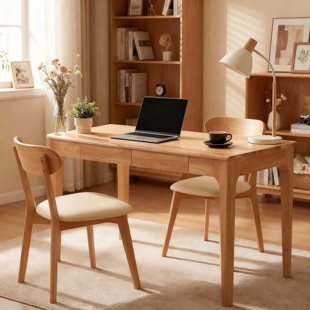 Solid Wood Desk w/ Drawers, Mid-Century Modern Home Office Desk, Study Bedroom