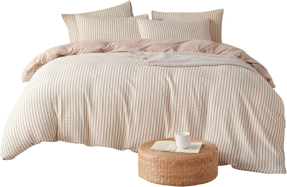 Queen Comforter Set Striped Beige 100% Soft Washed Microfiber Jacquard 3 Pieces