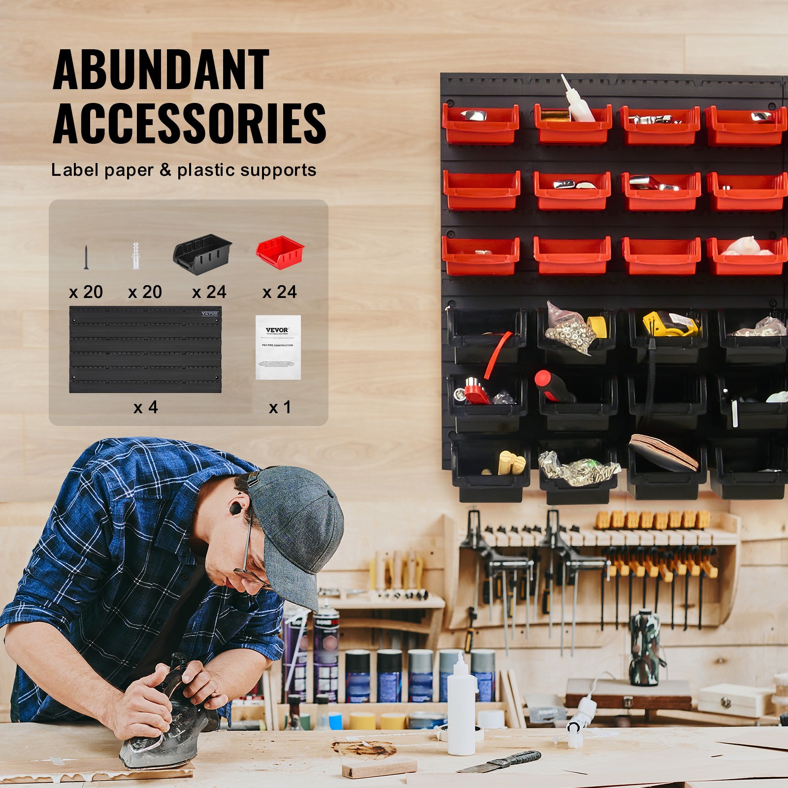 VEVOR Wall Mounted Storage Bins Small Parts Organizer Garage Tool Rack 48 Bins