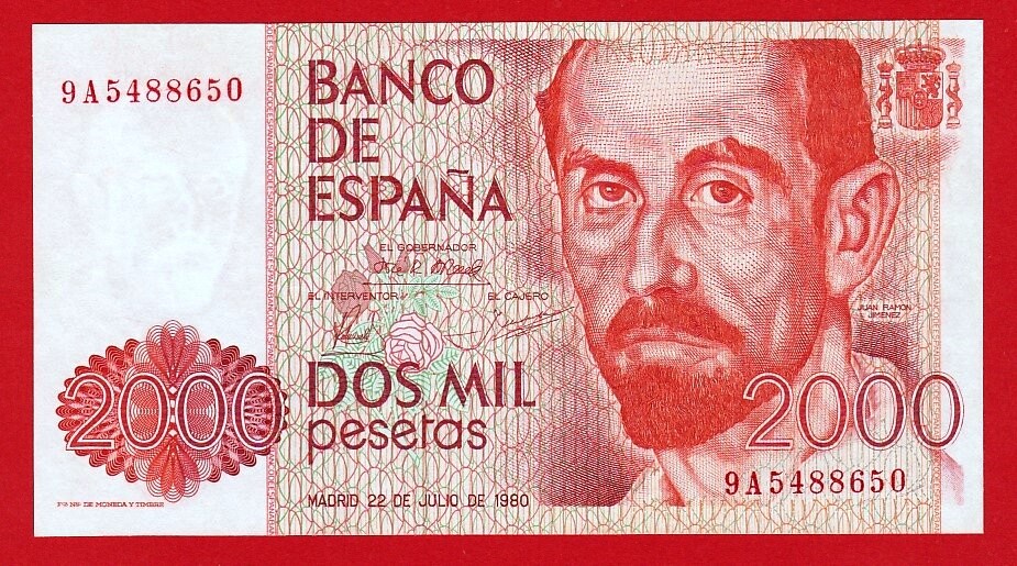 UNC,  REPLACEMENT 9A,  2000 Pesetas,  1980  '' Juan Ramón Jimenez ''