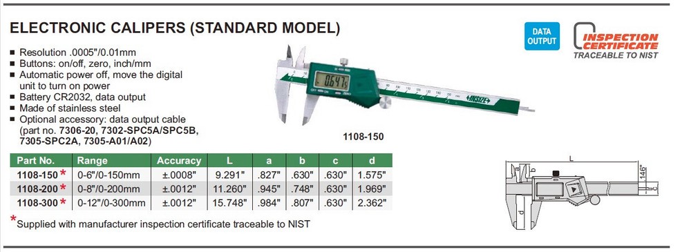 INSIZE 1108-150 - 0 - 6" Electronic Calipers w SPC w Certification