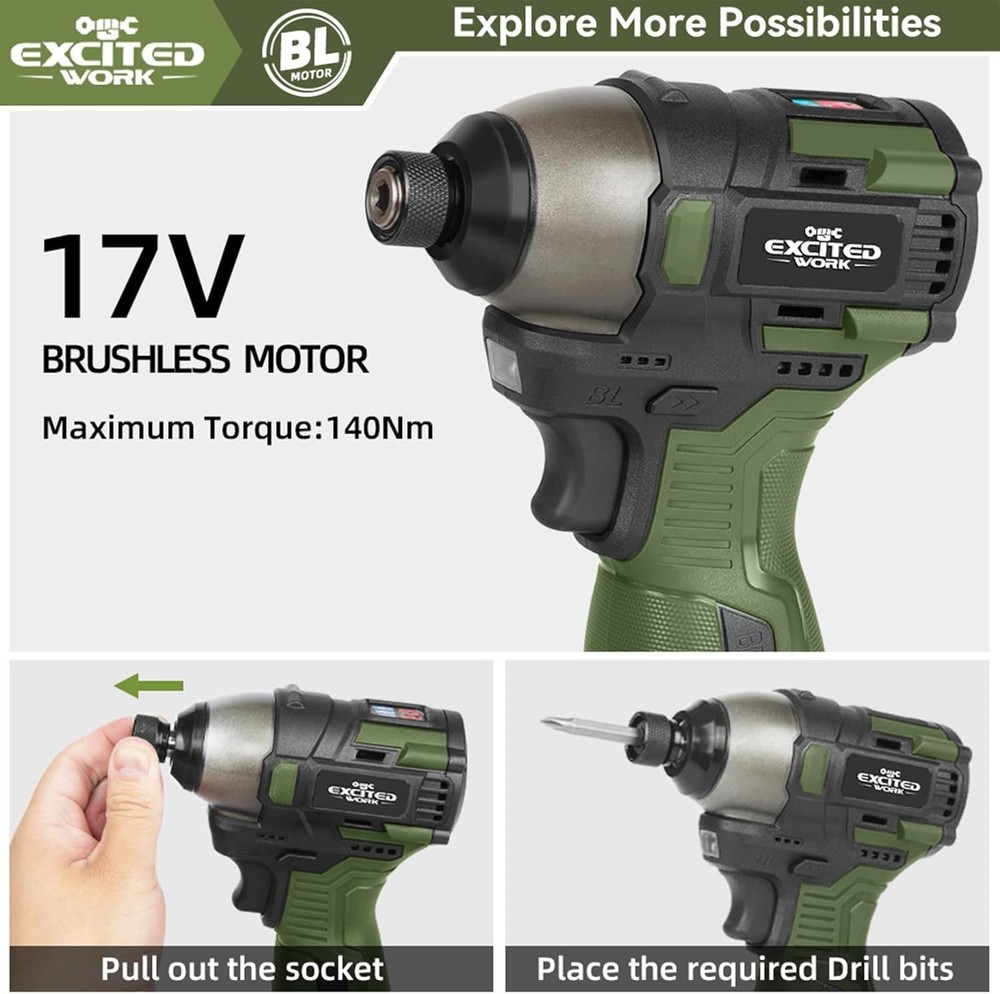 Versatile 17V Brushless Cordless Impact Driver - 2 Batteries & Adjustable Speeds