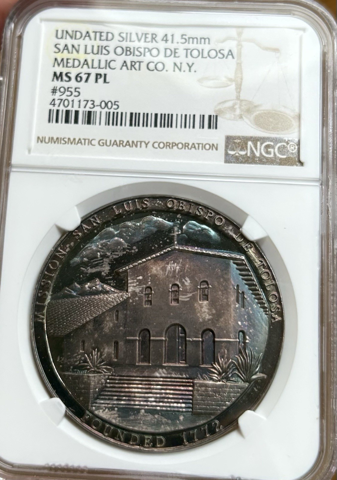 Medallic Art Co San Luis Obispo De Tolosa Silver Medal NGC MS67 PL Toner!