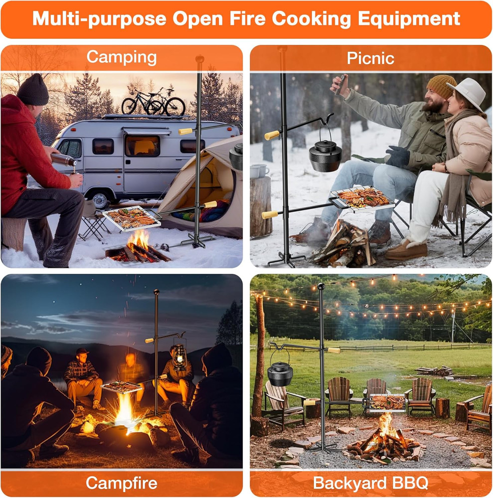 Portable Campfire Grill Grate with Adjustable Handle for BBQ and Camping