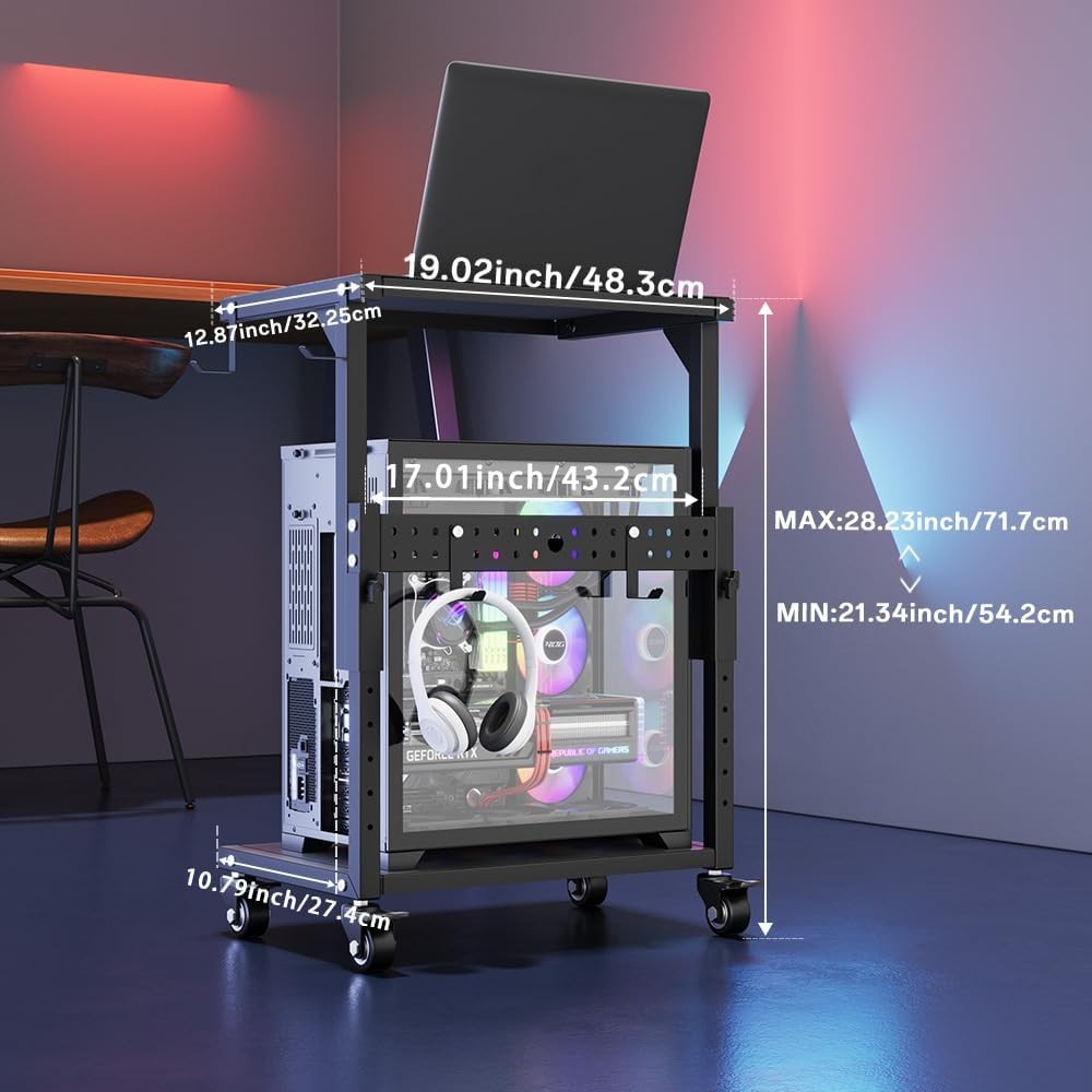 Desktop PC Tower Stand With Wheels Adjustable Height 2 Tier Mobile Computer Cart