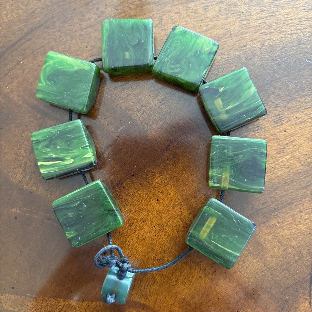 BAKELITE BRACELET Spinach Green Yellow Marbled Expansion Chunky Pyramidal Shape