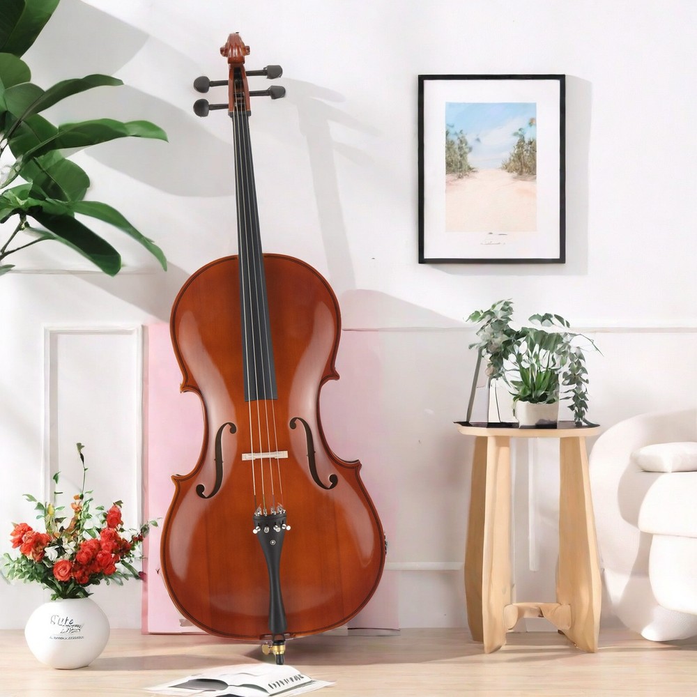 Full Size Natural 4/4 Acoustic Cello Set w/ Spruce Panel & Tiger Pattern Process