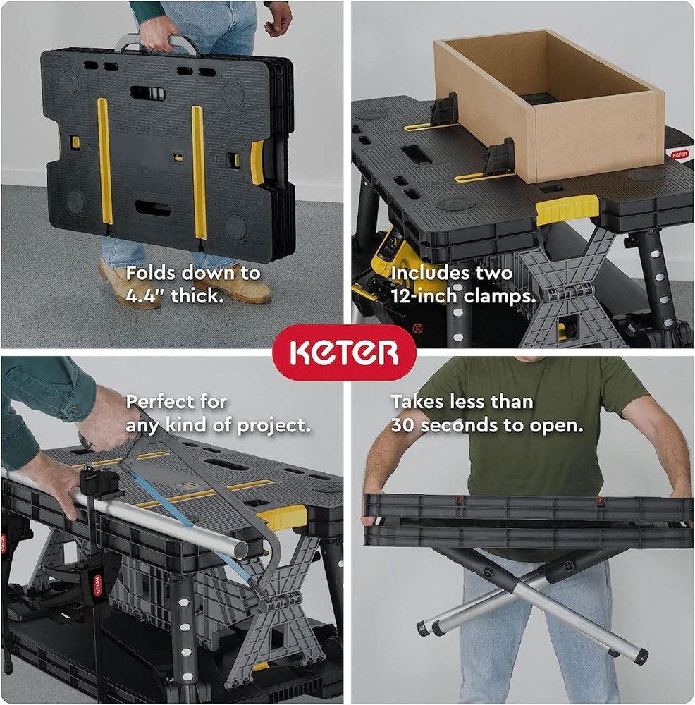 Keter Folding Work Table, Portable Workbench w/ 12" Clamps ,New entry