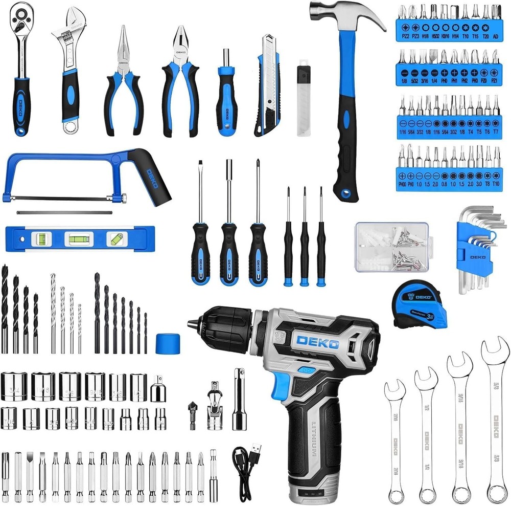 Tool Set: Tool Kit with 12V Cordless Drill, Hand Toolbox with storage case, Mech