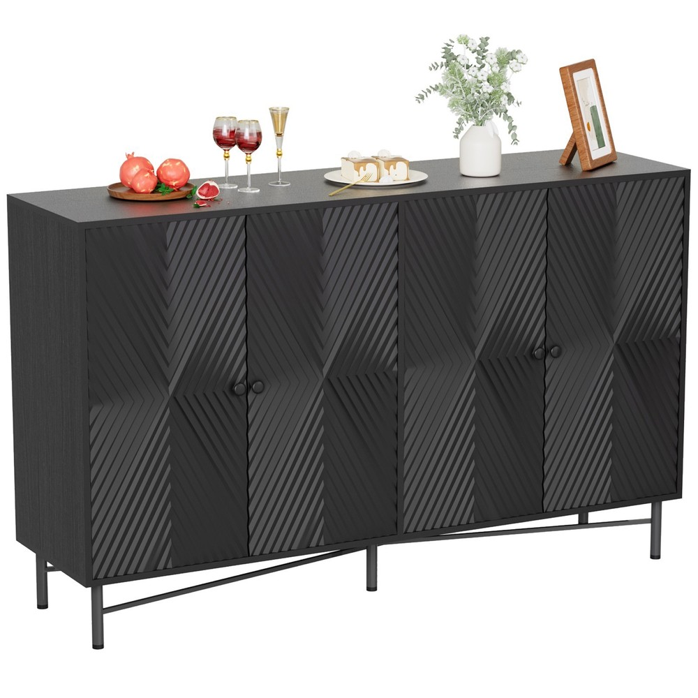 59" Fluted Sideboard Buffet Cabinet w/4 Doors Black Kitchen Storage Sideboard US