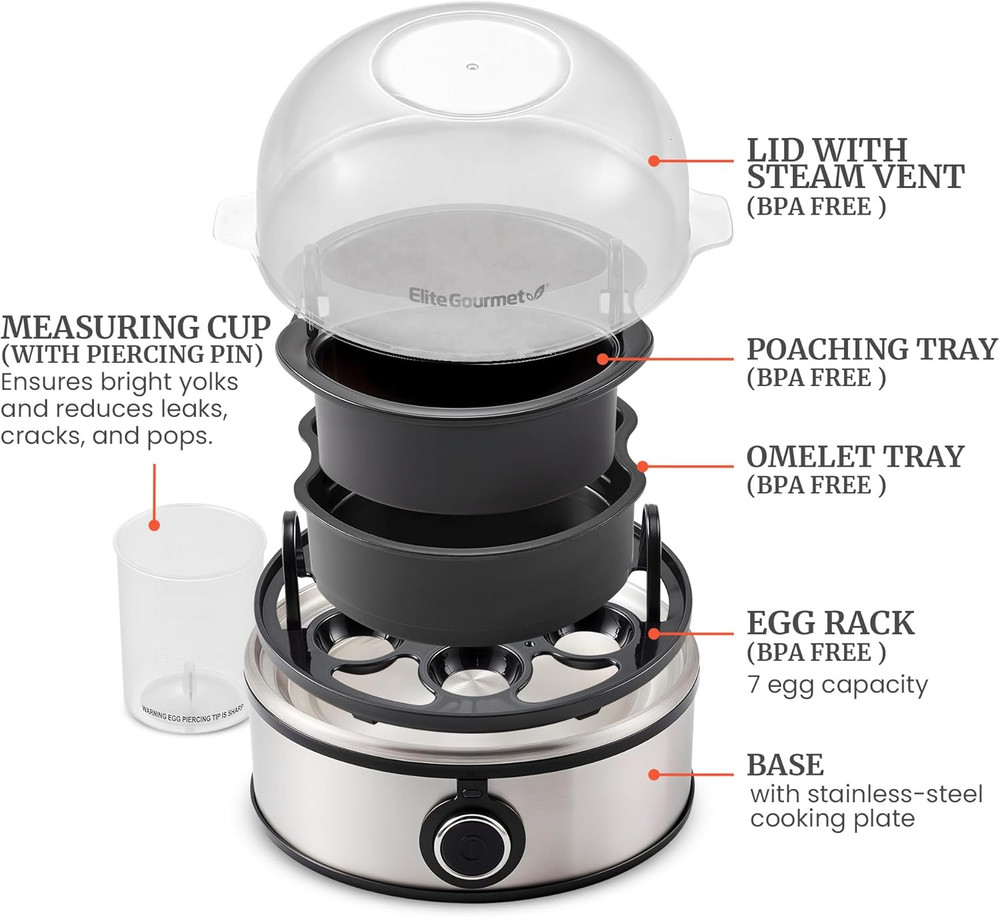 EGC855SS Easy Egg Cooker, 7-Egg Capacity, Soft, Medium, Hard-Boiled, Omelets, Po