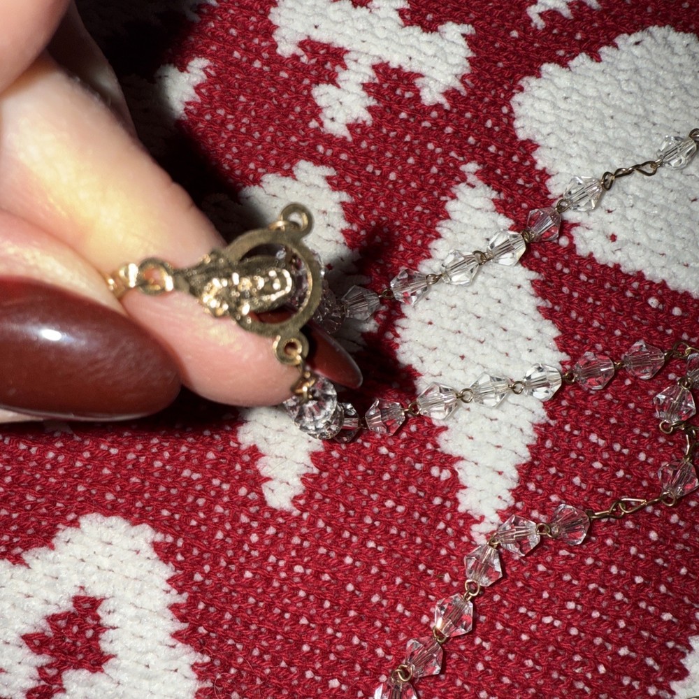 Crystal Beaded Gold Rosary Necklace Crucifix Catholic-