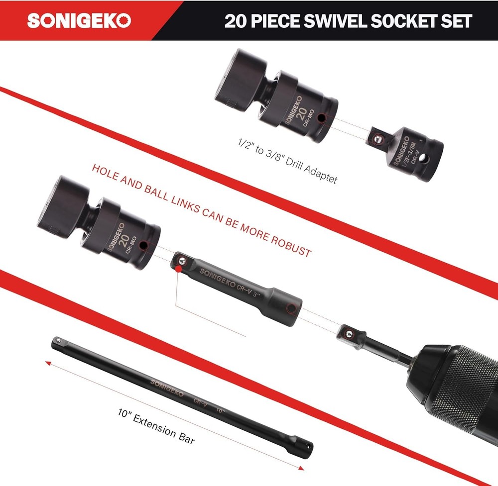 3/8" Drive Impact Swivel Socket set, 3/8",20pcs, Black