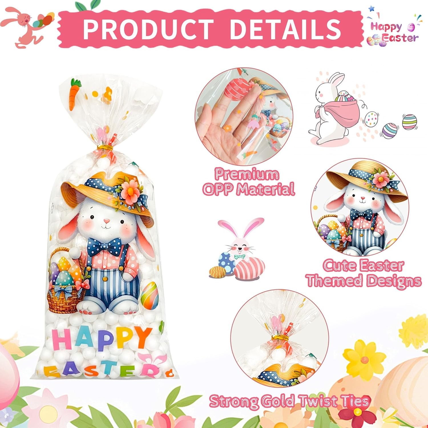 50 Pcs Easter Cellophane Treat Bags: Clear Easter Cellophane Goodie Bags with 60