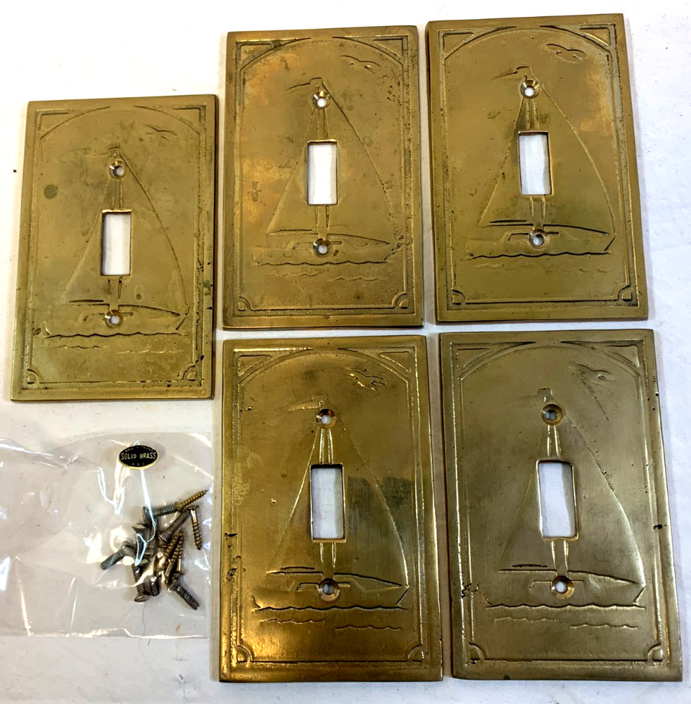 Lot 5 Vtg Solid Brass Sailboat Single Toggle Light Switch Plate Cover Nautical