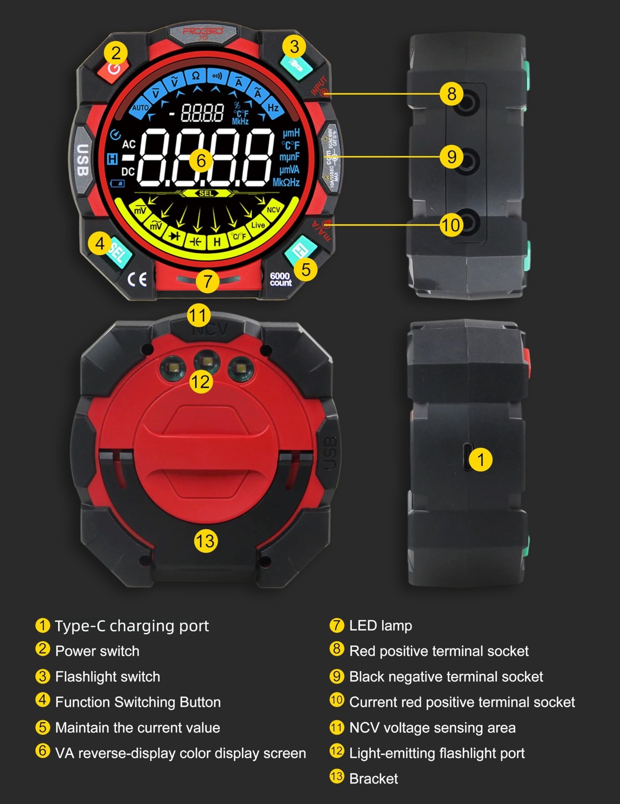 FROGBRO Portable Digital Multimeter Tester 6000 Counts VA Display Auto-Rangin...