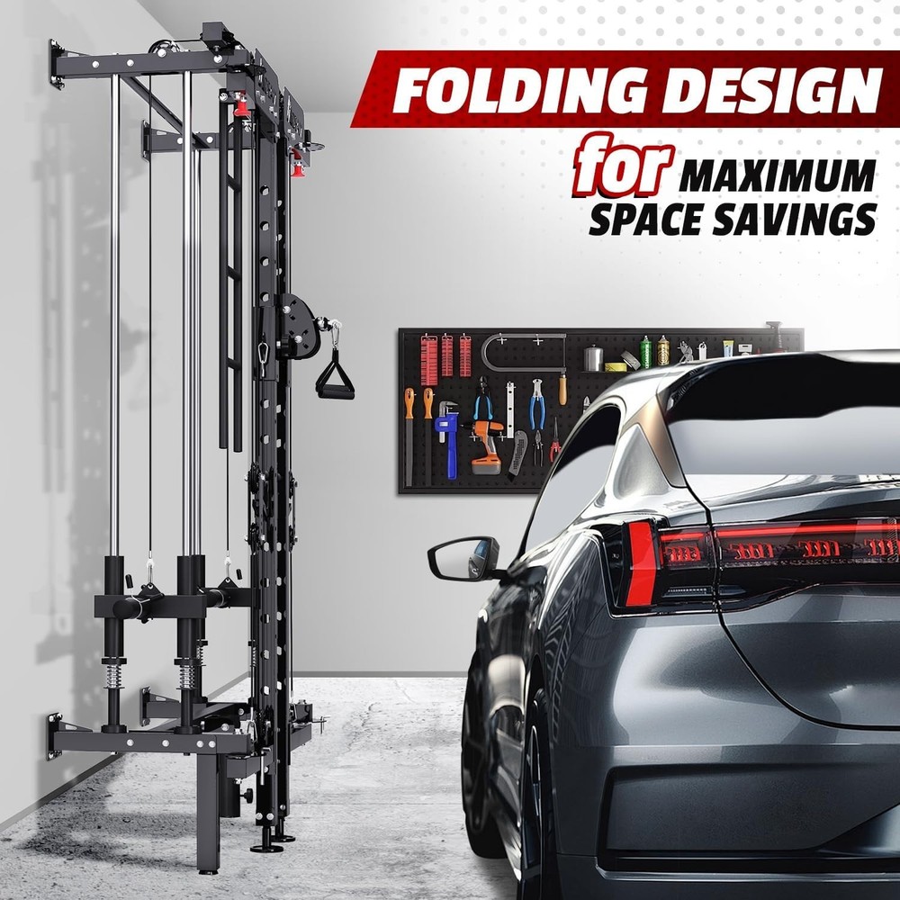 Folding Power Rack, Wall Mounted Squat Rack with Cable Crossover Machine & LA...