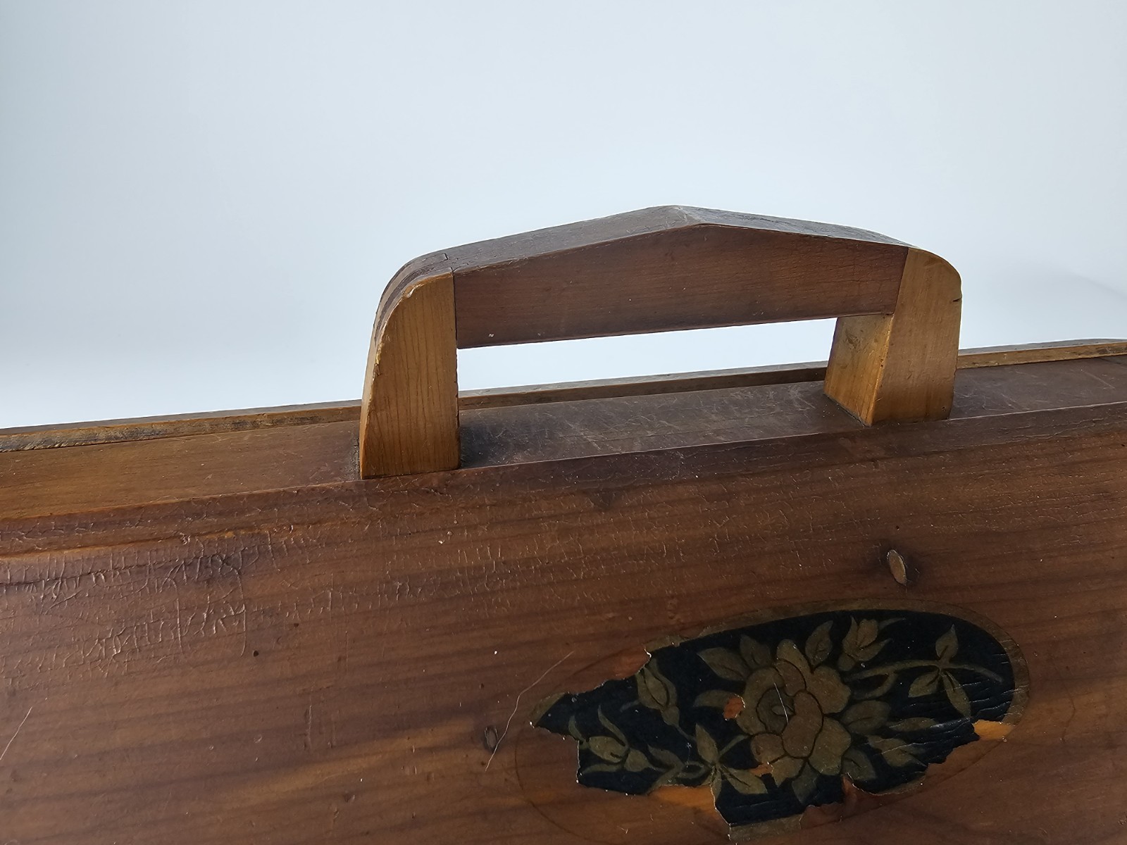 Vintage Wooden Sewing Jewelry Keepsake Box w Handle Floral Decal Craft Storage