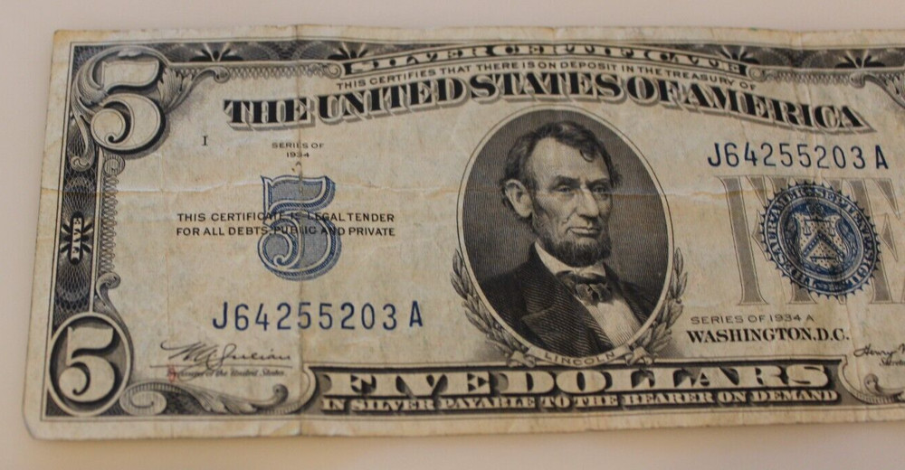 1934 A $5 SILVER CERTIFICATE *BLUE SEAL* CIRCULATED