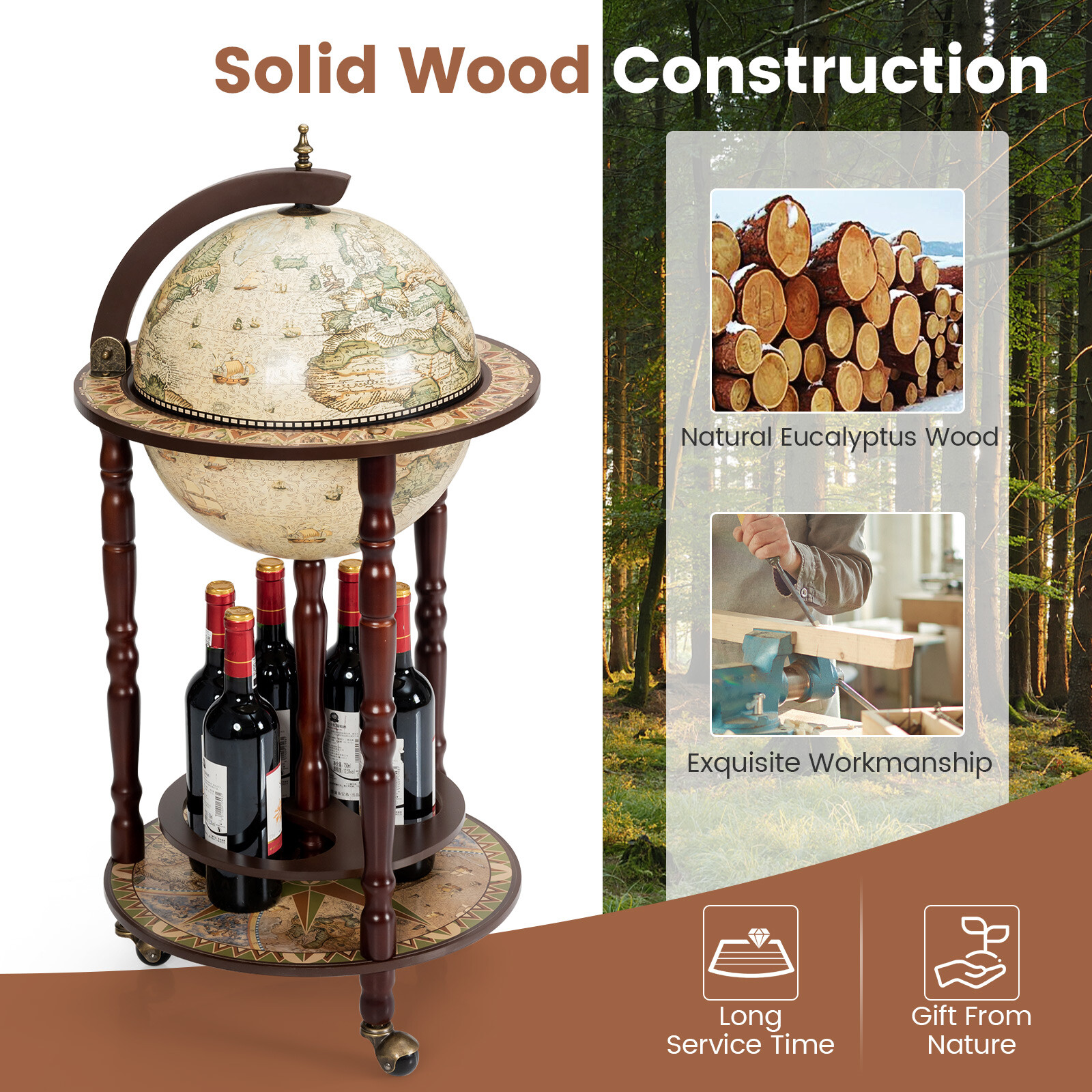 17.5" Wood Globe Wine Bar Stand Liquor Bottle Shelf Cart 16th Century Italian