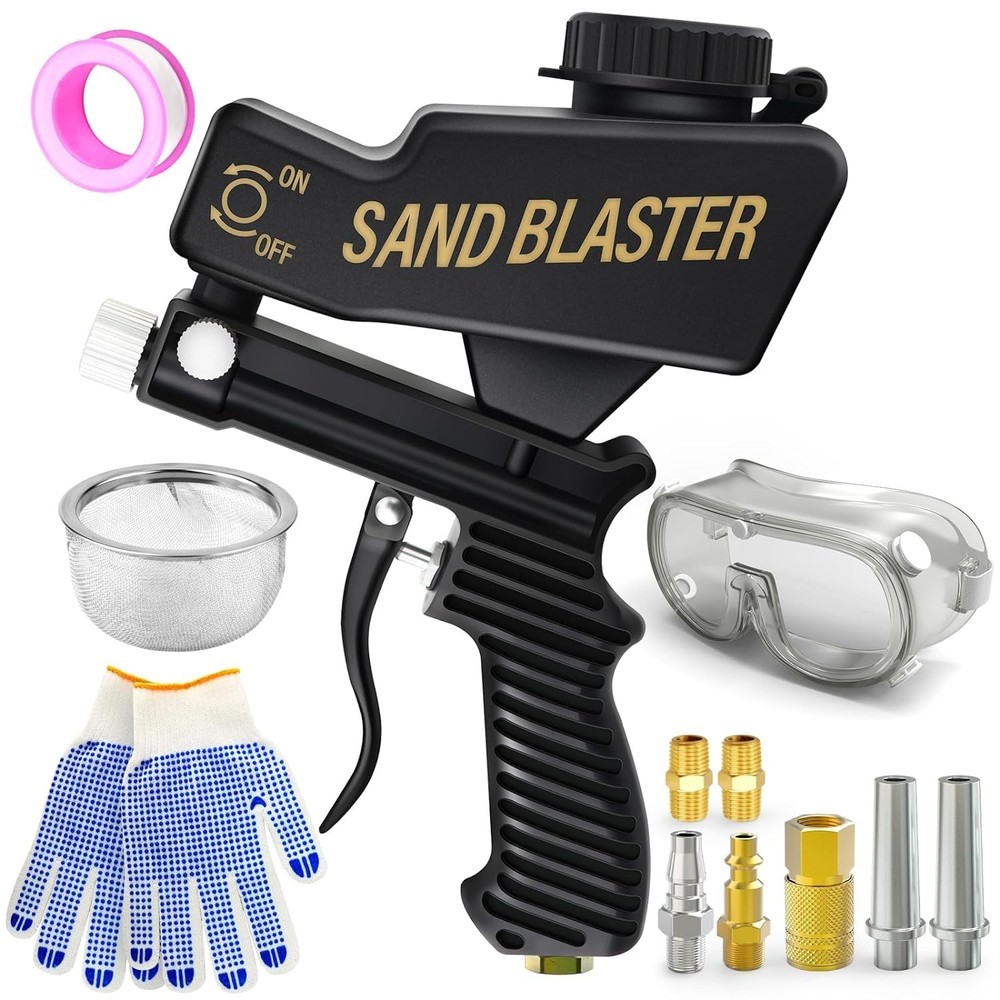 Black Portable Air Sand Blaster Gun Kit for Air Compressor Remove Paint, Rust...
