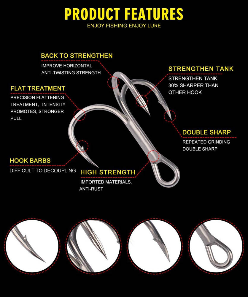 50Pcs 2X Strong Fishing Treble Hooks w/ Feather Dressed 2/4/6/8/10# Tackle USA