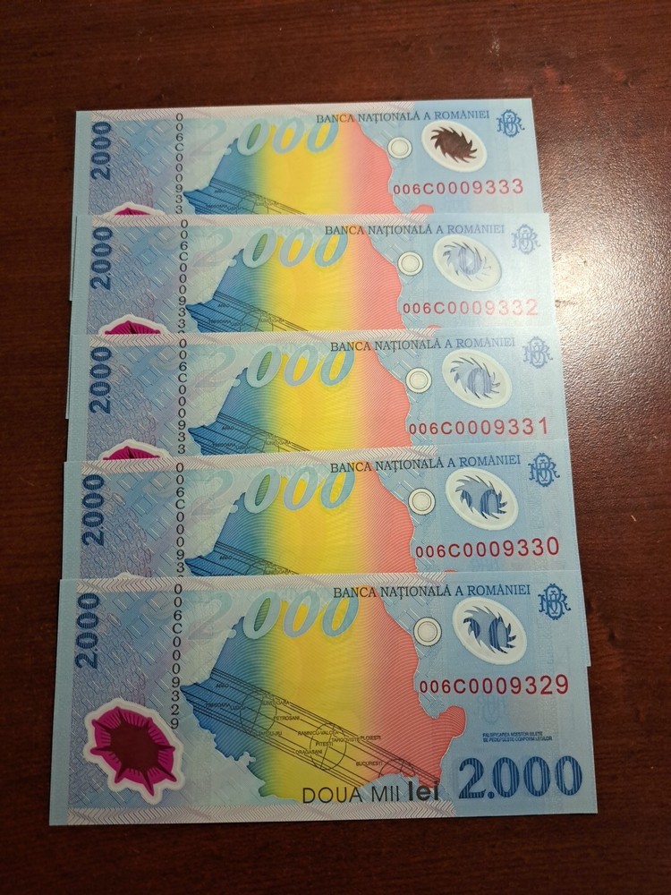 Romania 2000 Lei 1999 P 111 Polymer UNC LOT 5 PCS Sequential