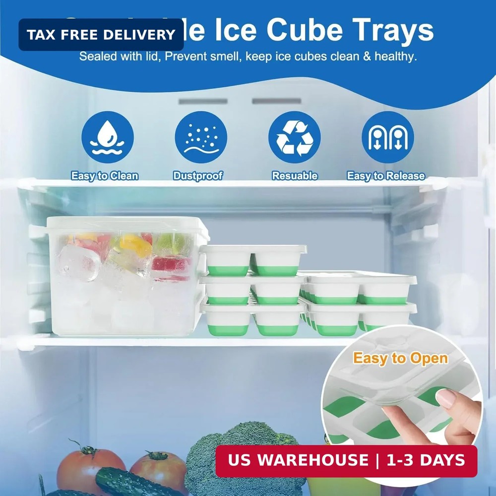5 Pack 70 Cube Silicone Ice Cube Trays for Freezer with Lids, Easy-Release Stack