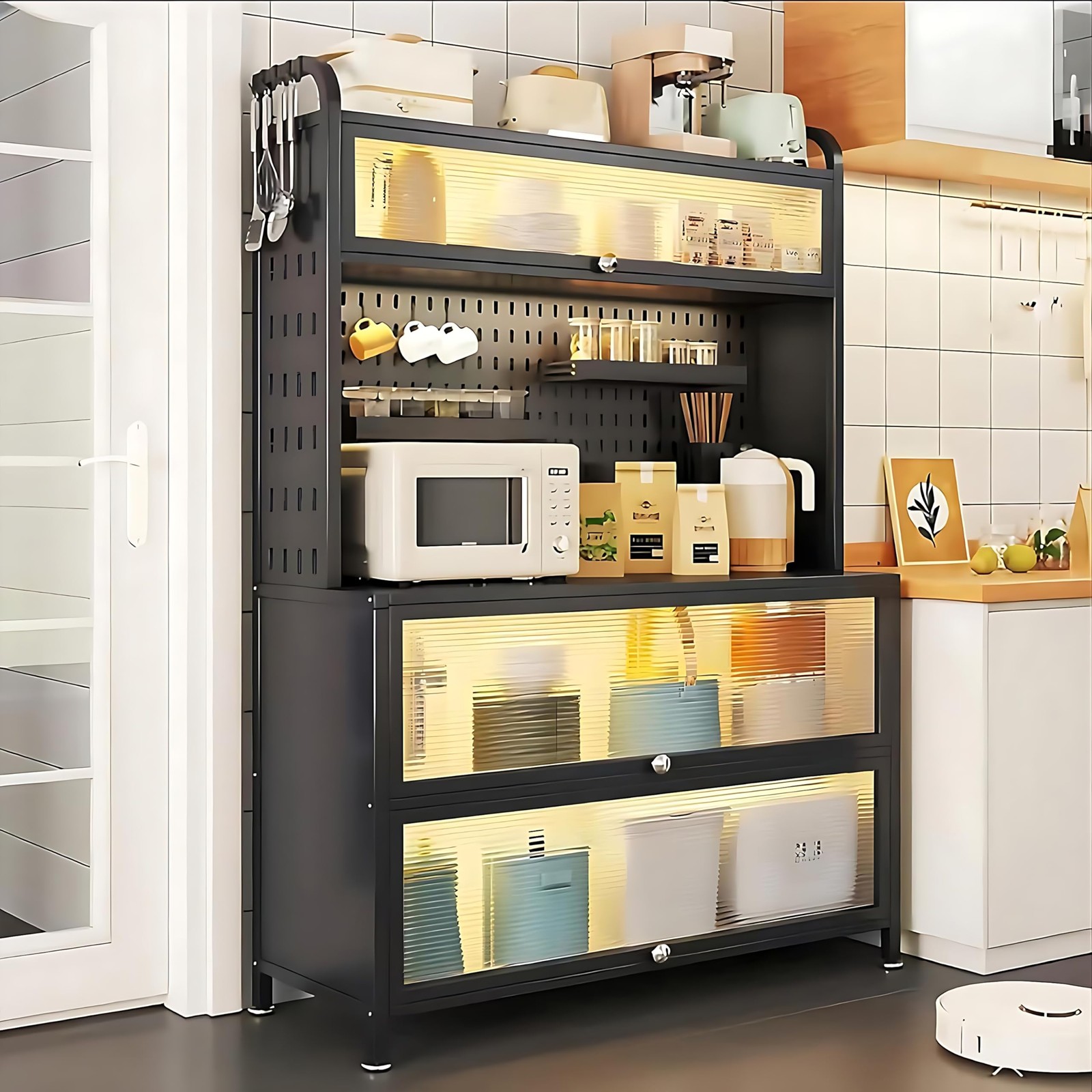 63" 5 Tier Bakers Rack Kitchen Cabinet with Clear Doors Adjustable Shelves