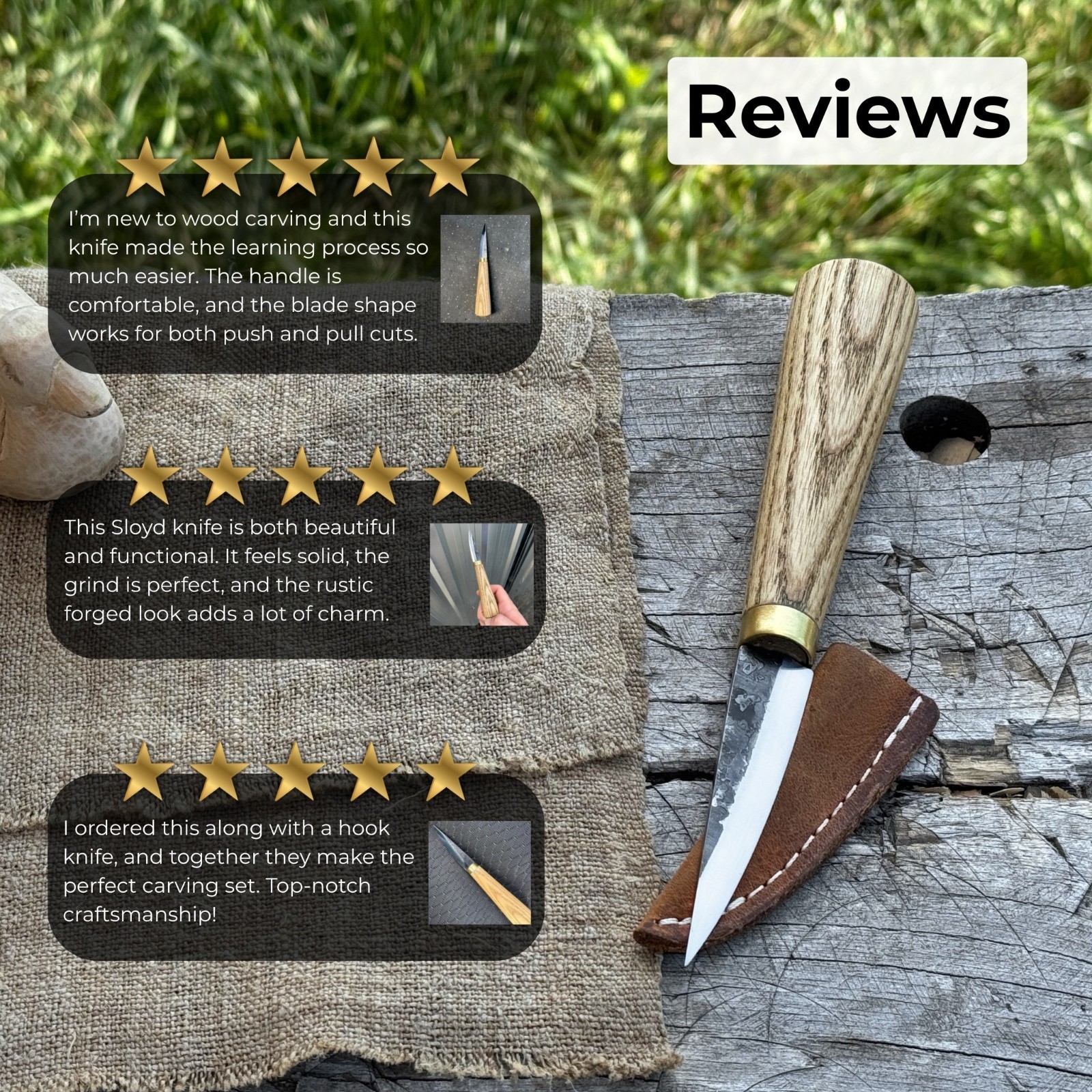 6'' Wood Carving Sloyd Knife 52100 Carbon Steel, Ash Handle, Leather Sheath