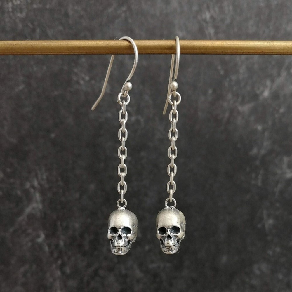 925 Sterling Silver Tiny Skull on Chain Drop Earrings Lightweight Gothic Unique